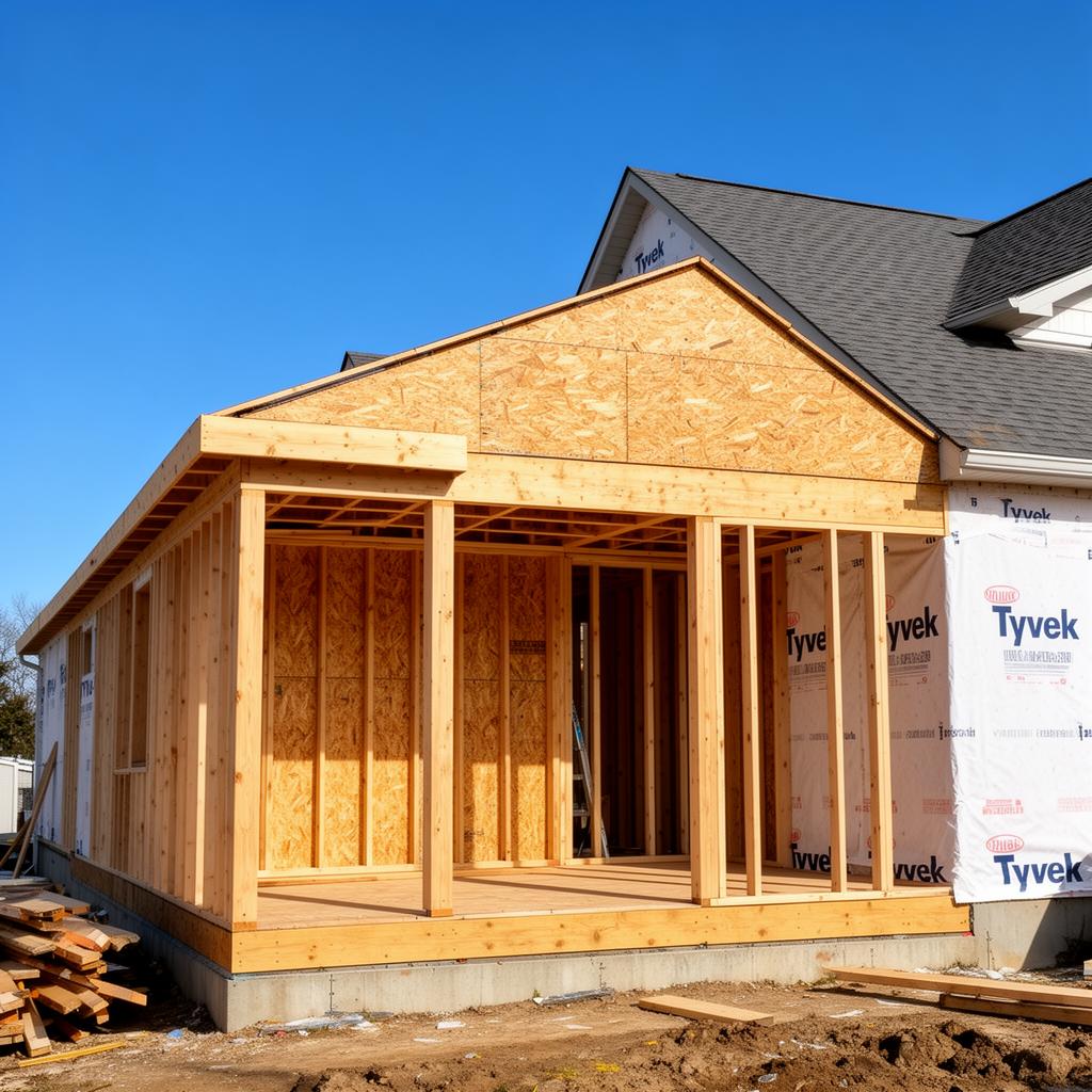 Residential home addition with fresh framing, sheathing, and Tyvek wrap