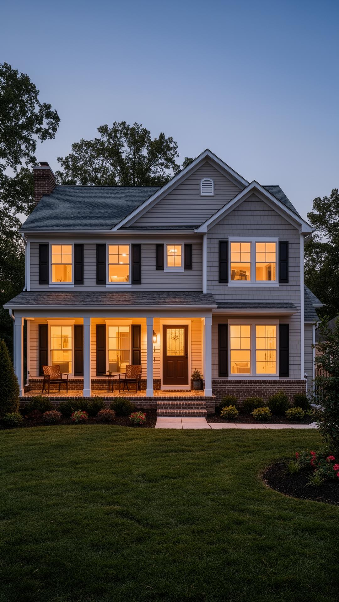 Completed exterior remodel of a Maryland home at dusk with warm window light