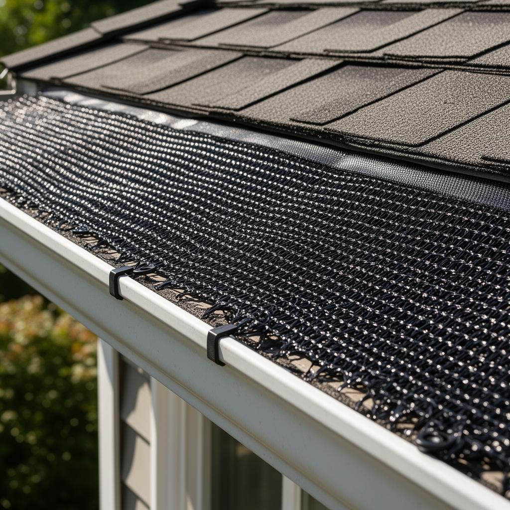 Leaf-guard mesh gutter protection installed on a residential roofline