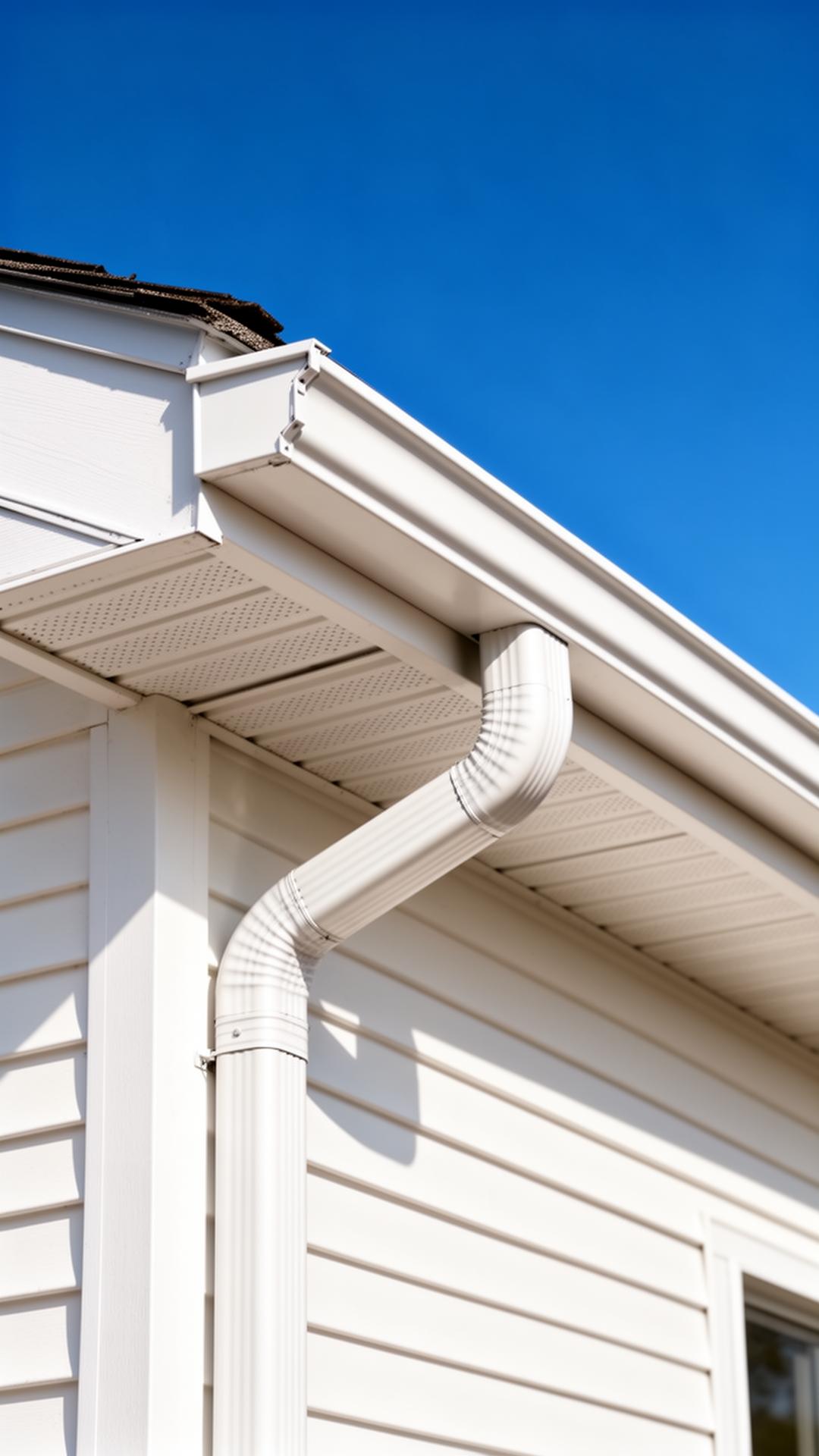 New seamless white aluminum gutters and downspout against clean fascia