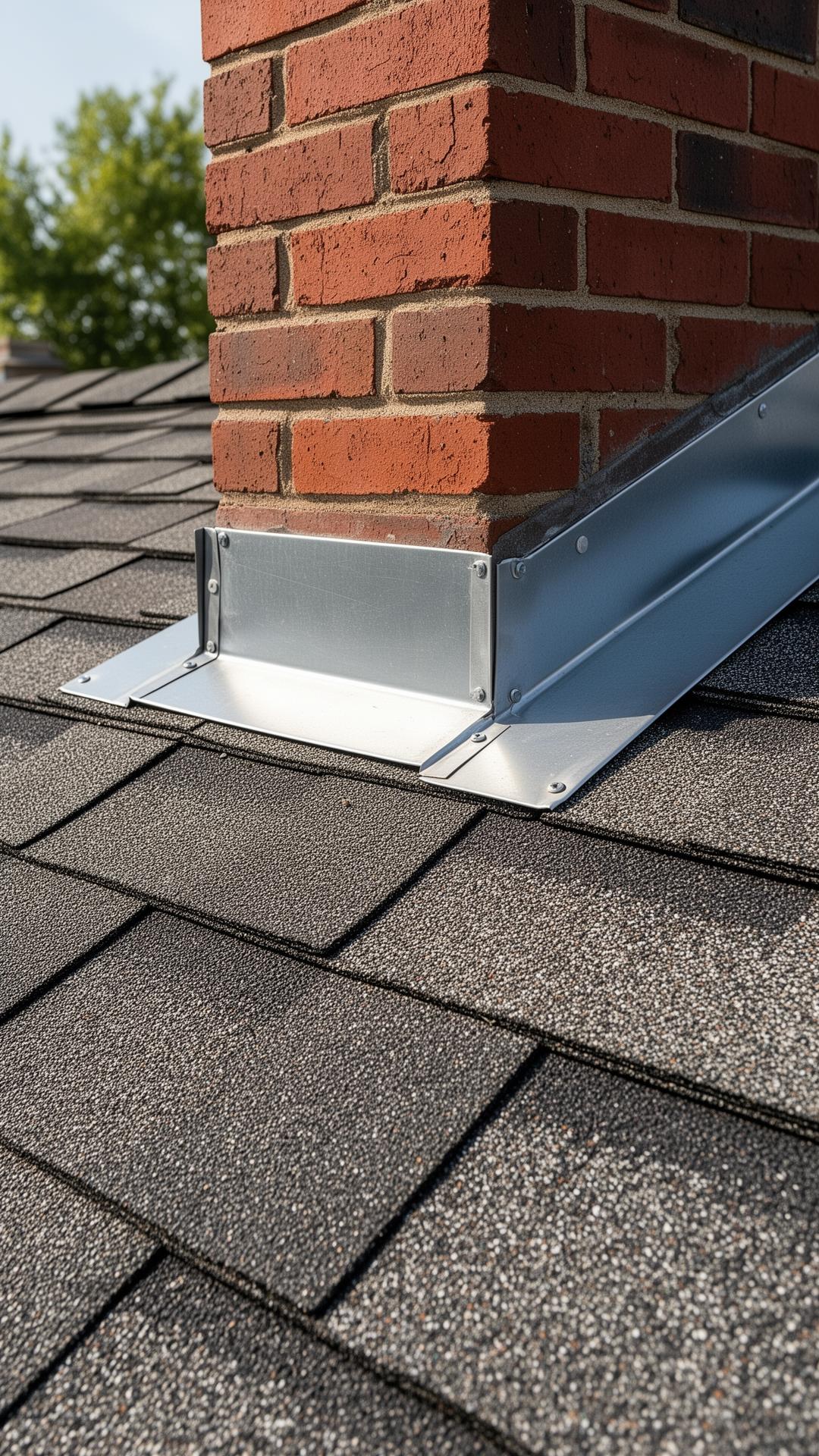 Close-up of new shingles and step flashing around a brick chimney