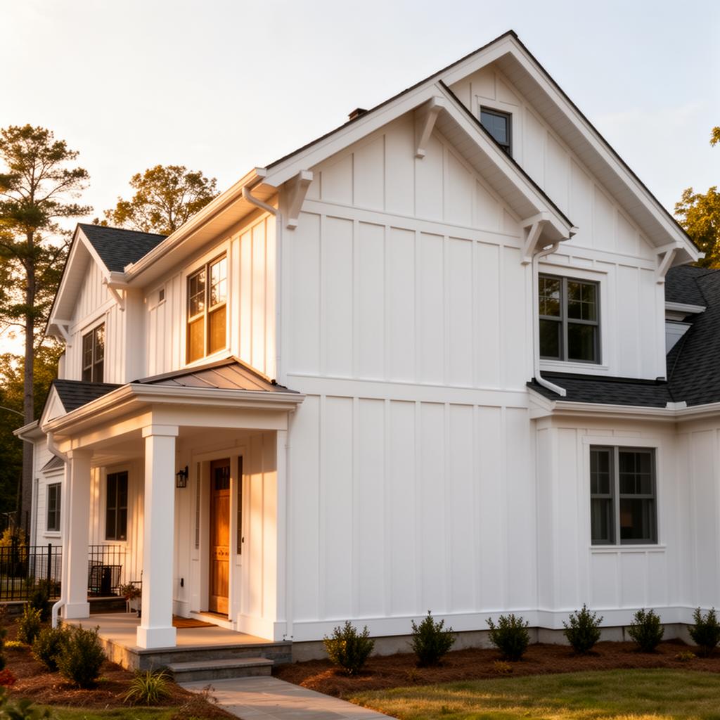 Finished white board-and-batten siding on a craftsman exterior