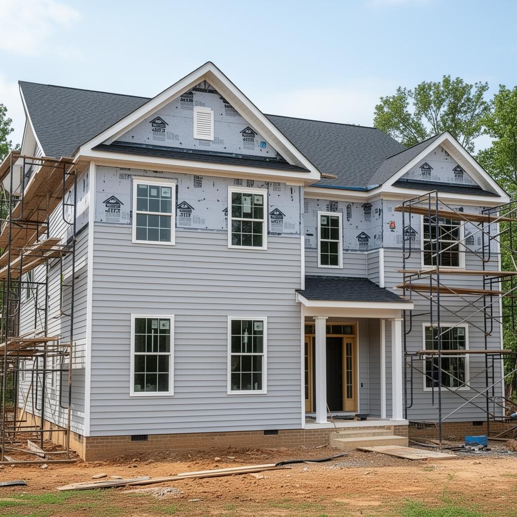 Vinyl siding being installed on a two-story suburban home